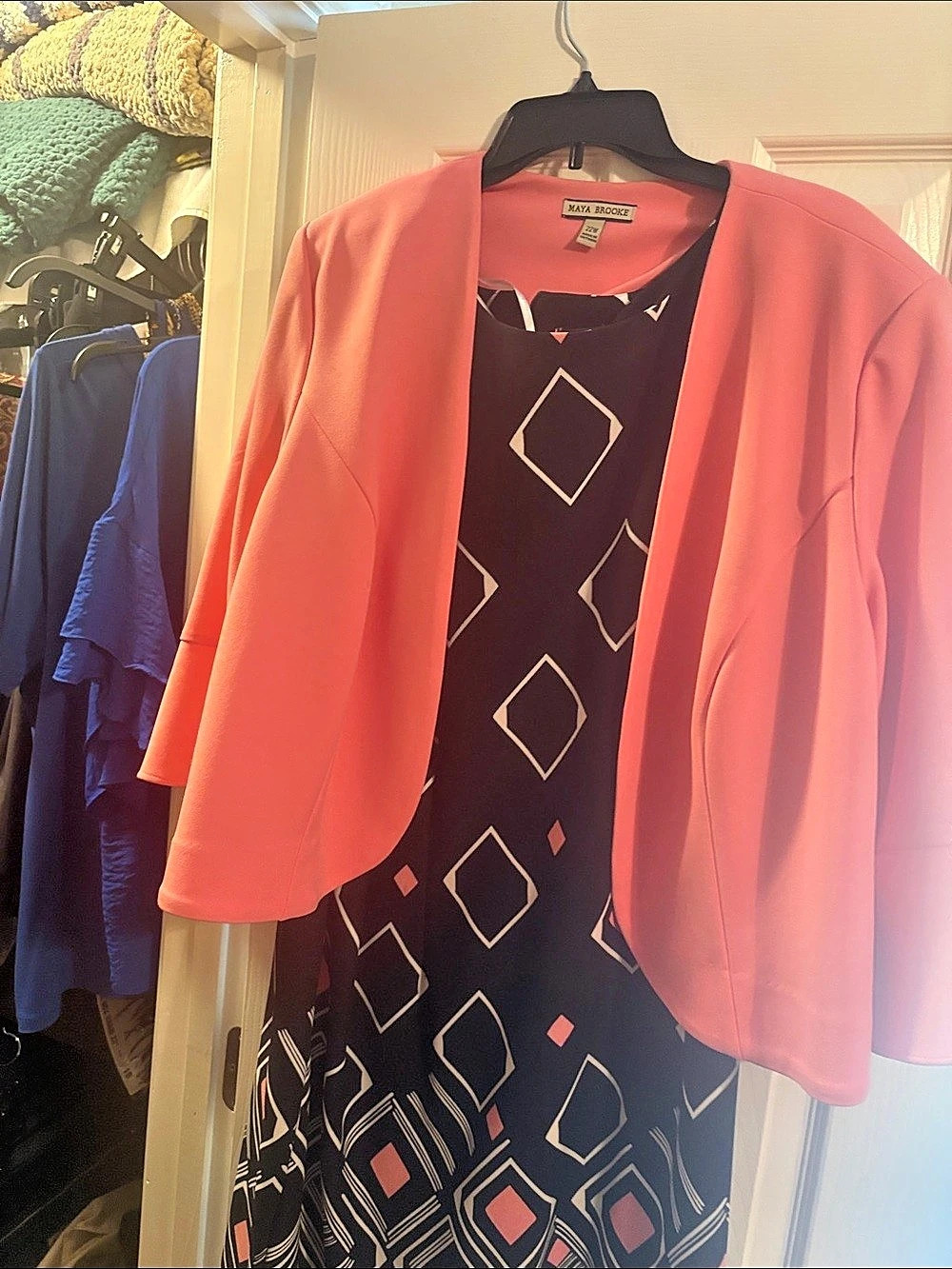 Maya Brooke Geometric Midi Dress with Jacket in Pink & Black Size 22W